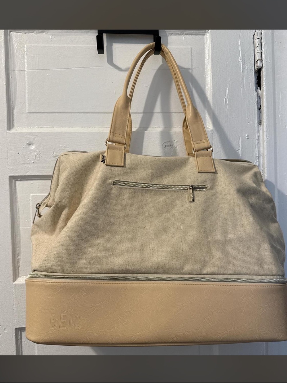Beige Two-Tone Canvas & Faux Leather Weekender Bag
